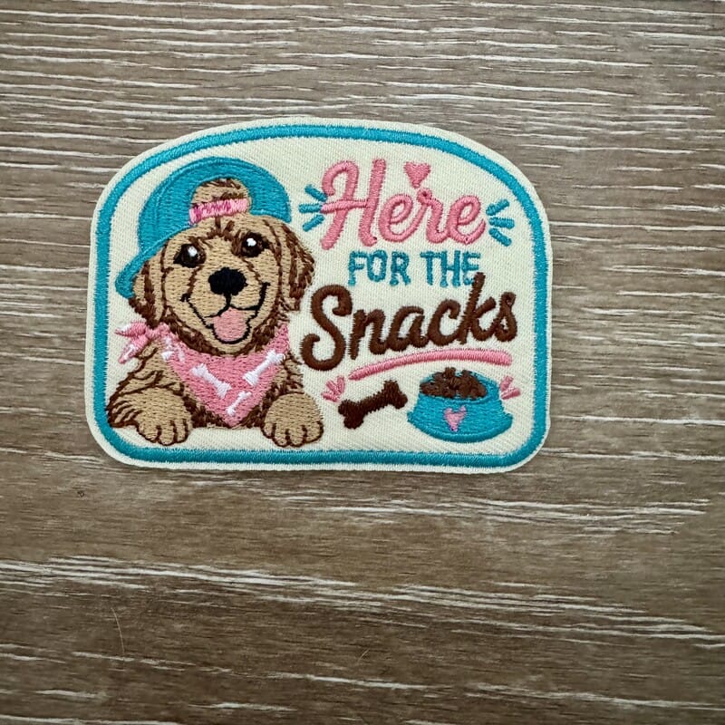 Golden retriever puppy iron-on patch with pink bandana and bone