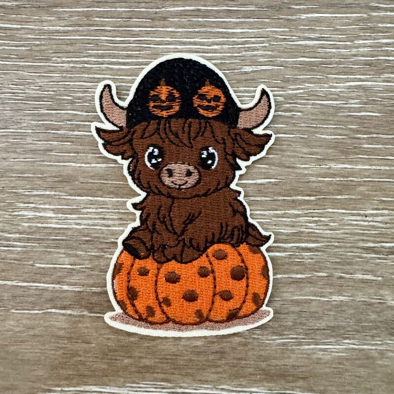 On A Whim Hats Highland Cow Pumpkin Beanie Iron-On Patch