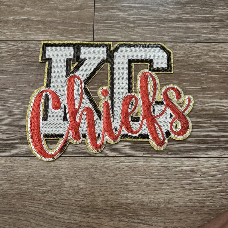 XL KC Chiefs script sequin iron-on patch with white KC letters, red script lettering and gold trim, On A Whim Hats