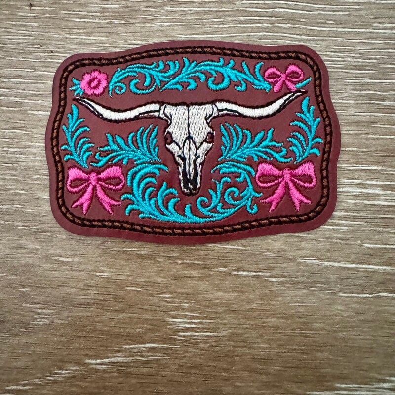 On A Whim Hats Longhorn Skull Buckle Iron-On Leather Patch