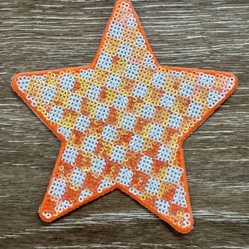 On A Whim Hats Orange Checkered Sequin Star Iron-On Patch