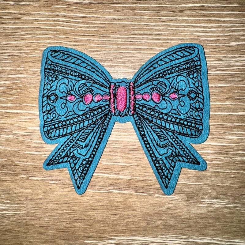 On A Whim Hats Ornate Teal Bow Iron-On Patch