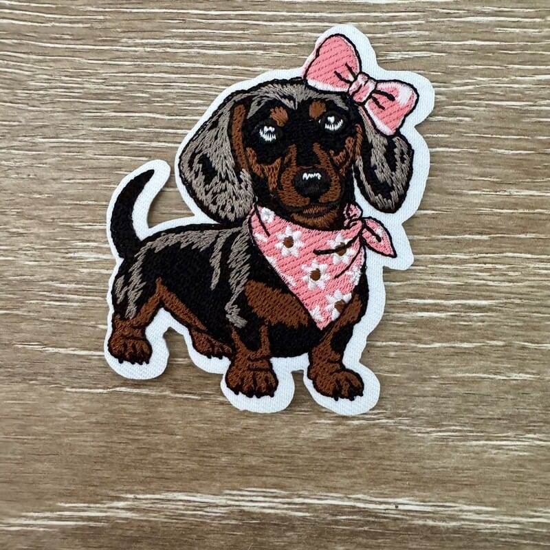 On A Whim Hats Pink Bow Bandana Dachshund Iron-On Patch
