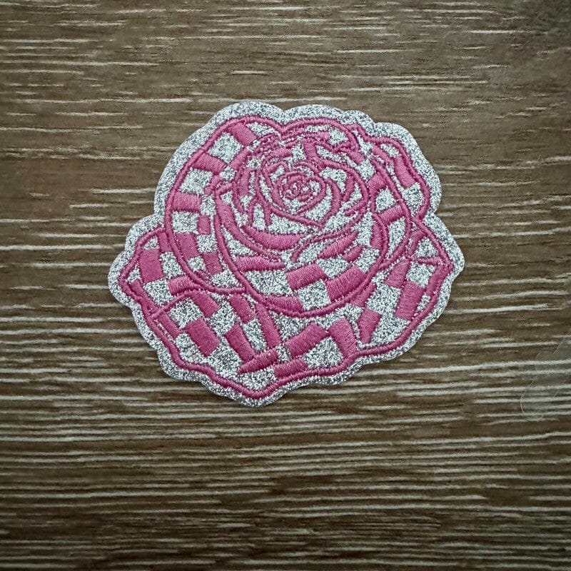 On A Whim Hats Pink Checkered Glitter Rose Iron-On Patch