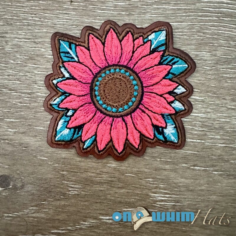 On A Whim Hats Pink Sunflower Iron-On Leather Patch