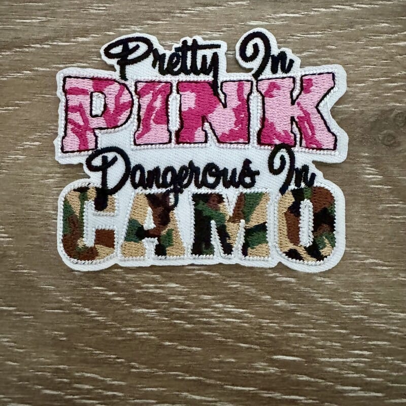 On A Whim Hats Pretty In Pink Dangerous In Camo Iron-On Patch