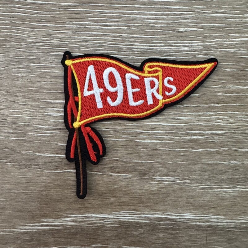 On A Whim Hats Red and Gold Pennant Flag on Pole Iron-On Patch