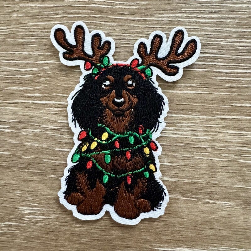 On A Whim Hats Reindeer Doxie Christmas Lights Iron-On Patch
