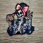 On A Whim Hats Sassy Skeleton Bow Iron-On Patch