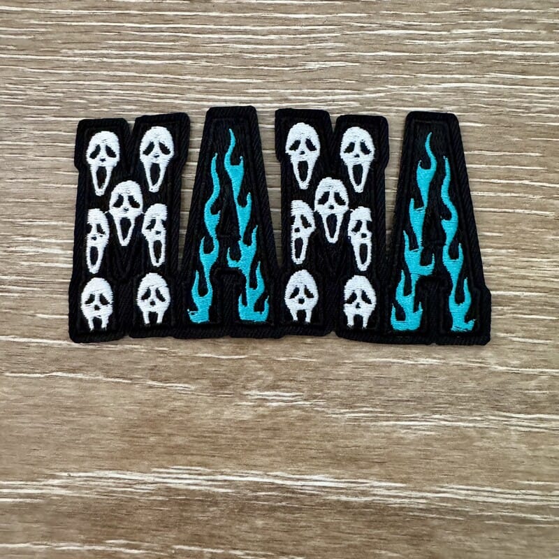 On A Whim Hats Screaming Ghost Faces and Flames Mama Iron-On Patch