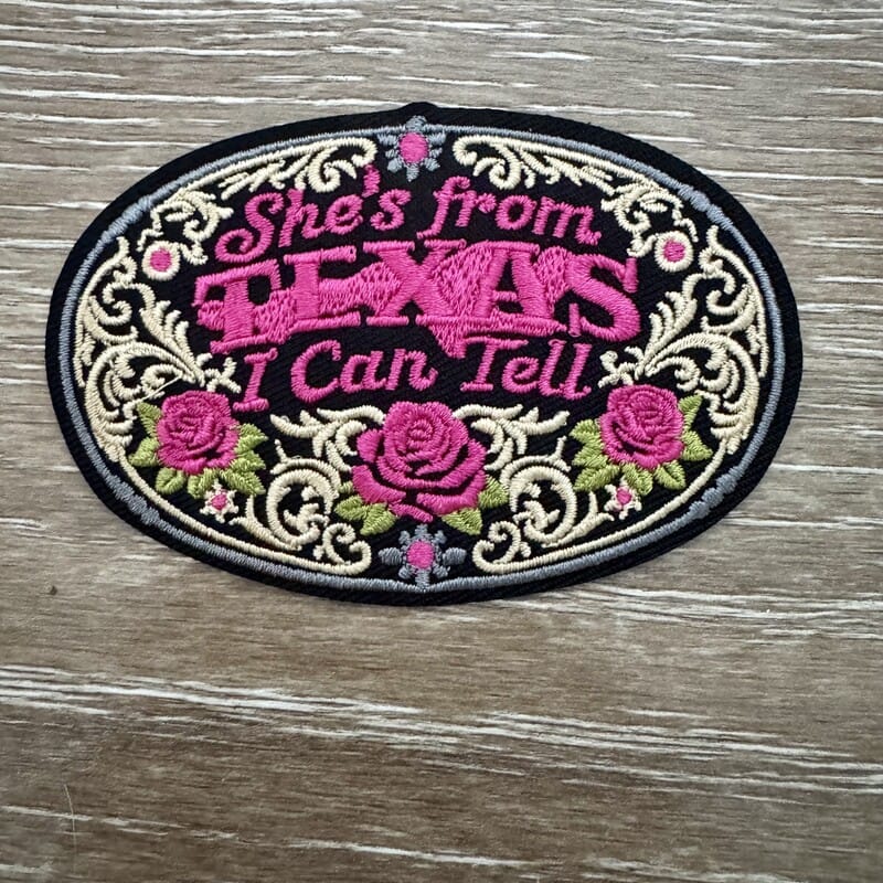 She's From Texas I Can Tell pink rose iron-on patch oval scroll design