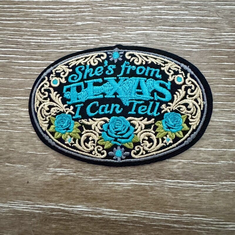 She's From Texas I Can Tell turquoise iron-on patch oval scroll design
