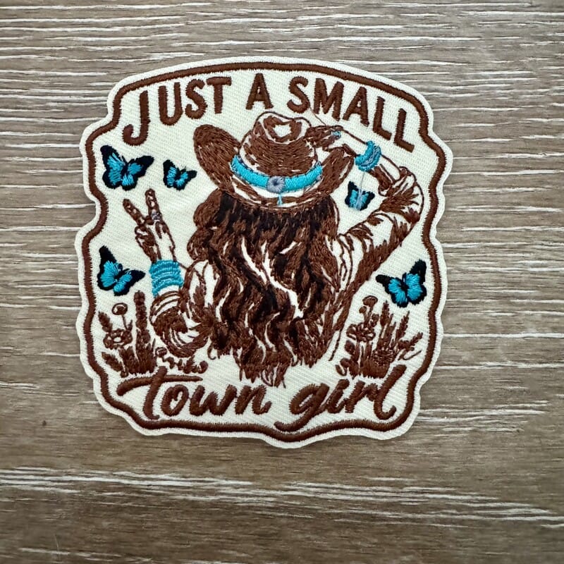 Small Town Girl cowgirl silhouette iron-on patch with butterflies