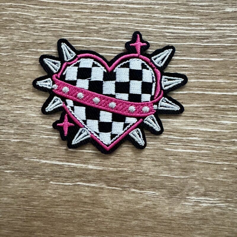 On A Whim Hats Spiked Checkered Heart Iron-On Patch