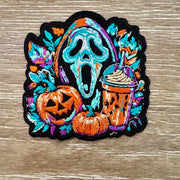 On A Whim Hats Spooky Ghost Mask Pumpkin Latte Iron-On Patch