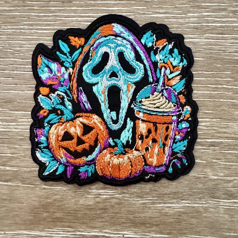 On A Whim Hats Spooky Ghost Mask Pumpkin Latte Iron-On Patch