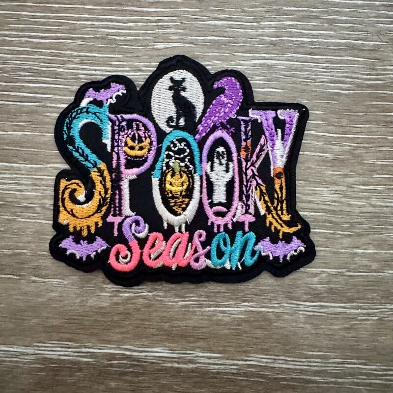 Spooky Season Halloween iron-on patch with cat, ghost and pumpkin