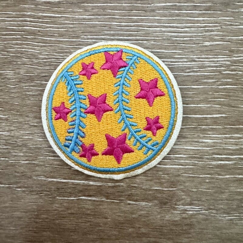 Star Softball iron-on patch with pink stars and teal stitching