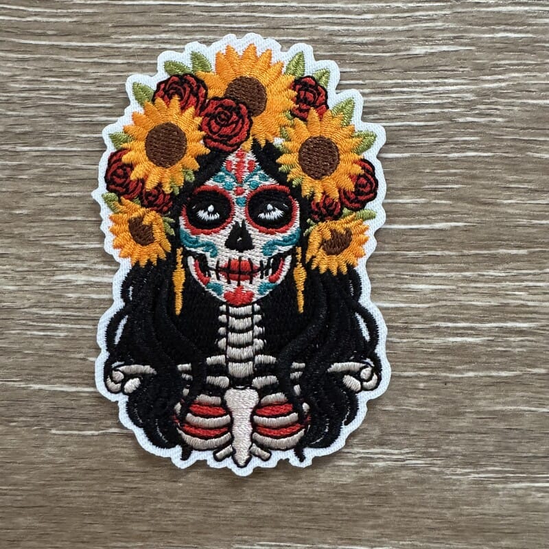 On A Whim Hats Sunflower Sugar Skull Iron-On Patch