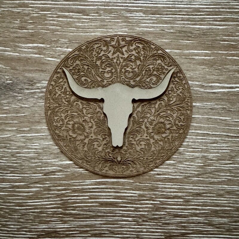 Taupe suede-look longhorn skull on engraved western floral medallion iron-on patch by On A Whim Hats