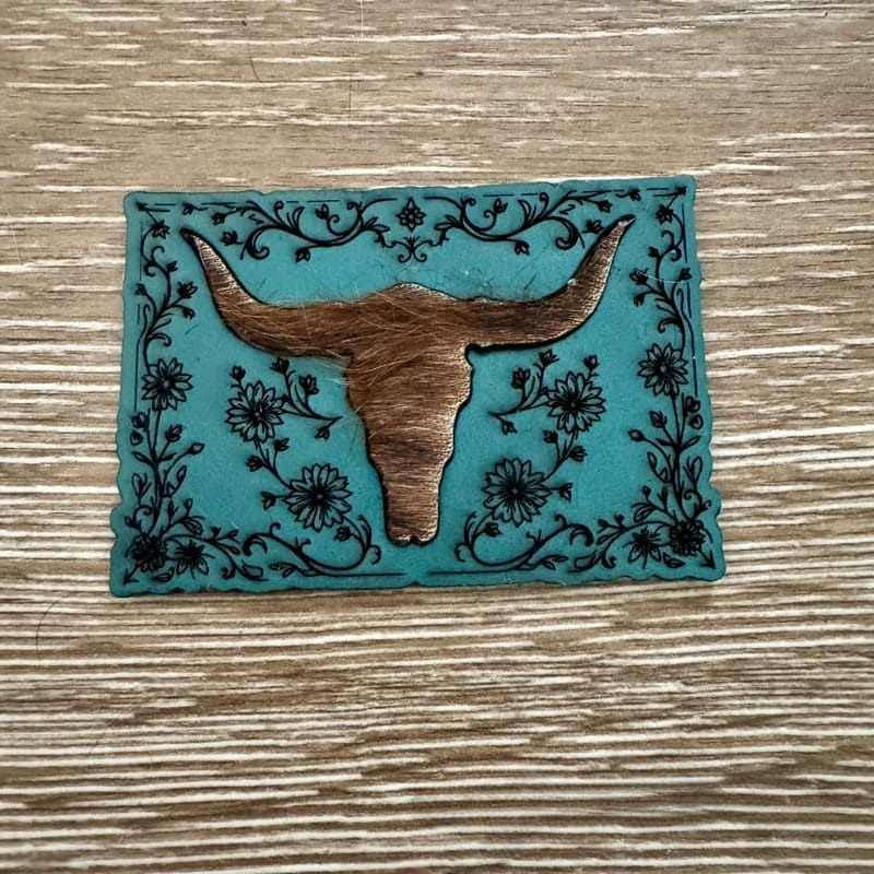 On A Whim Hats Teal Bull-Headed Genuine Cowhide and Leather Iron-On Patch