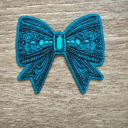 On A Whim Hats Teal Tooled Bow Iron-On Patch