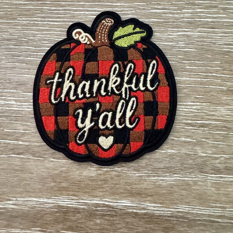 On A Whim Hats Thankful Y'all Plaid Pumpkin Iron-On Patch