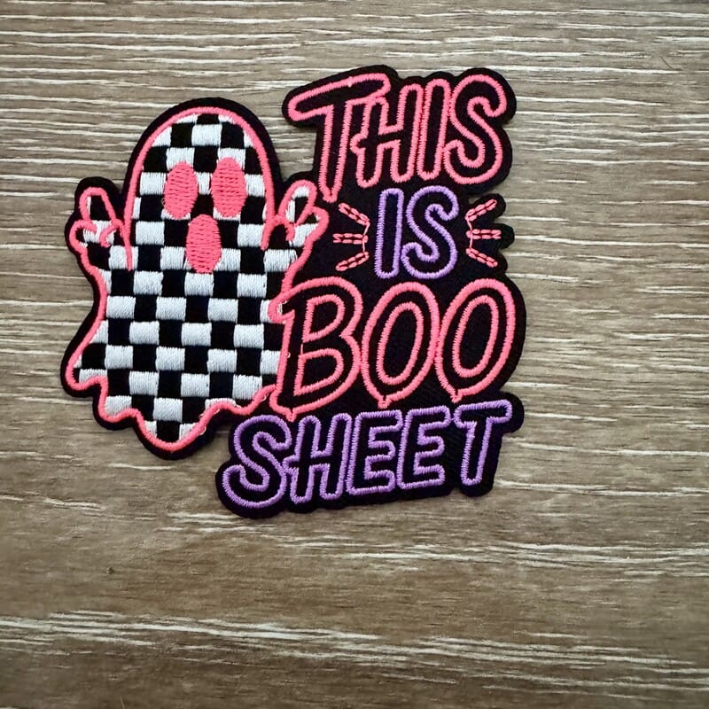 This Is Boo Sheet checkered ghost iron-on patch Halloween style