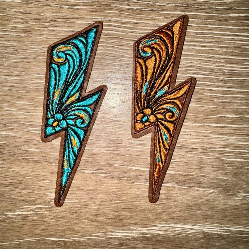 On A Whim Hats Tooled Leather Lightning Bolt Iron-On Patch