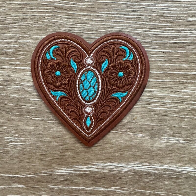 On A Whim Hats Tooled Leather Turquoise Heart Iron-On Patch