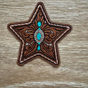 On A Whim Hats Tooled Leather Turquoise Star Iron-On Patch