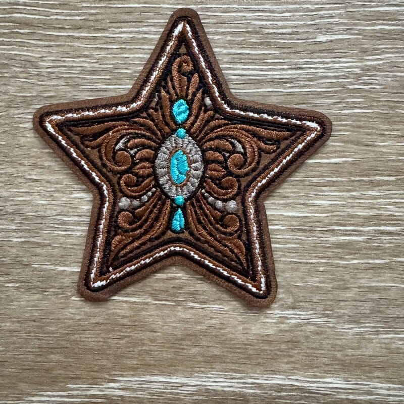 On A Whim Hats Tooled Leather Turquoise Star Iron-On Patch