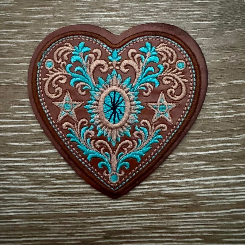 On A Whim Hats Tooled Western Heart Leather Iron-On Patch