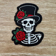 On A Whim Hats Top Hat Skeleton with Red Roses Iron-On Patch