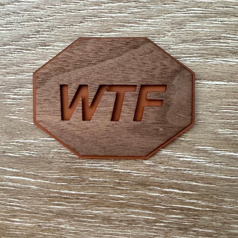 On A Whim Hats WTF Walnut Wood Octagon Iron-On Patch