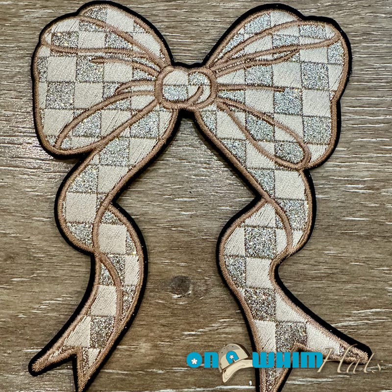 On A Whim Hats Large Gold Checkered Bow Iron-On Patch