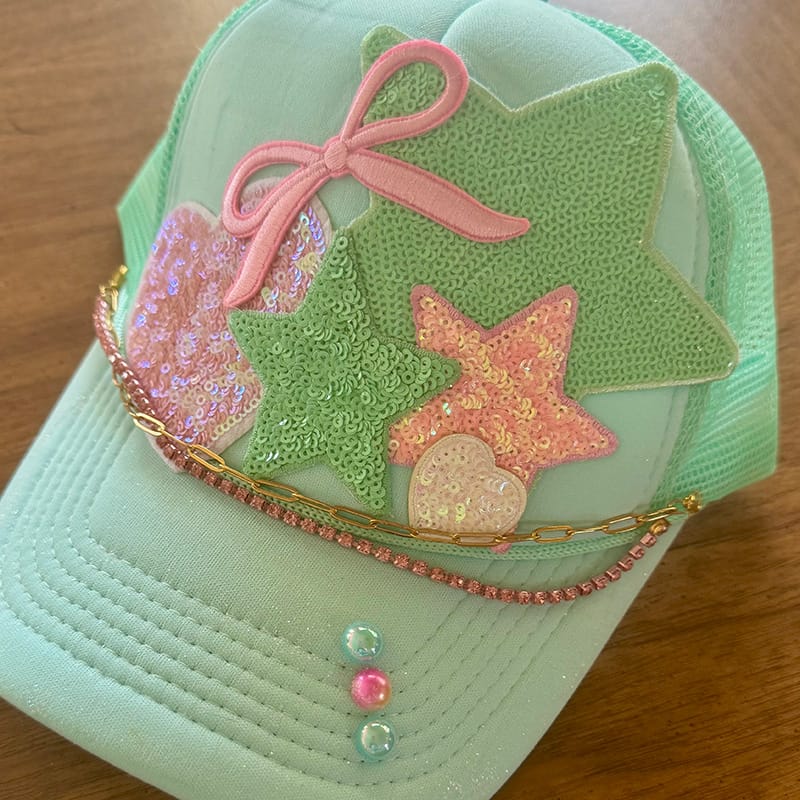 On A Whim Hats Minty Star Handmade Trucker Hat with Hat Chain