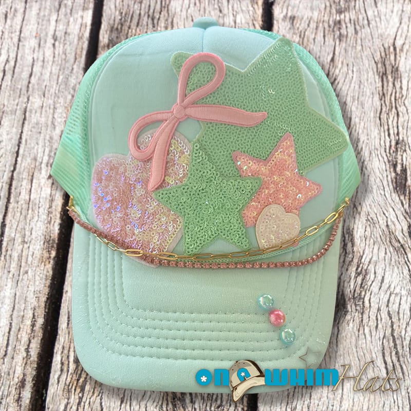 On A Whim Hats Minty Star Handmade Trucker Hat with Hat Chain