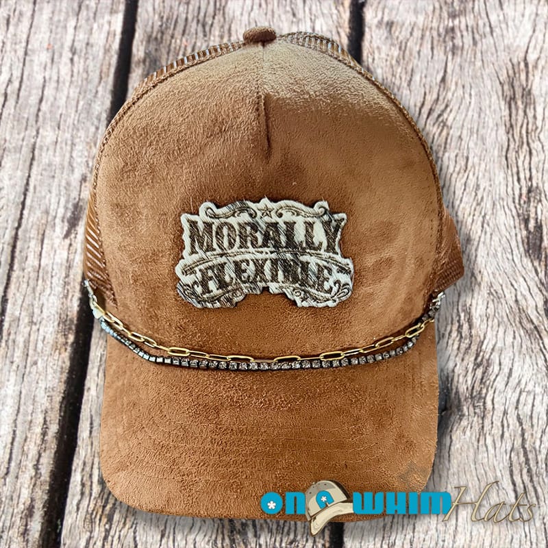 On A Whim Hats Morally Flexible Handmade Vegan Suede Trucker Hat w/ Cowhide Patch