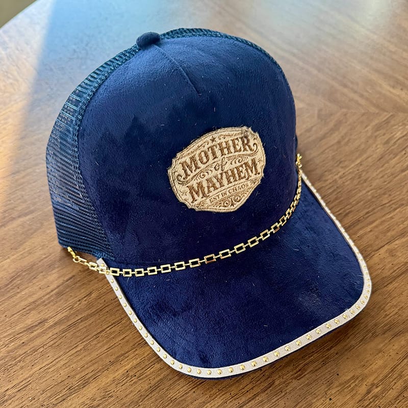 On A Whim Hats Mother of Mayhem Handmade Vegan Suede Trucker Hat w/ Cowhide Patch