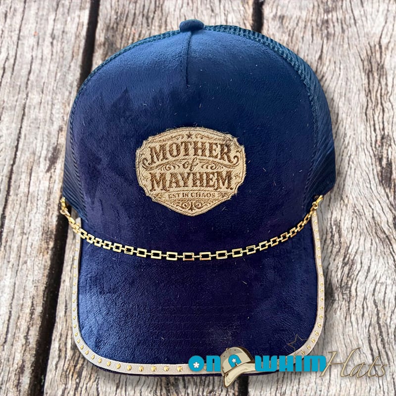 On A Whim Hats Mother of Mayhem Handmade Vegan Suede Trucker Hat w/ Cowhide Patch