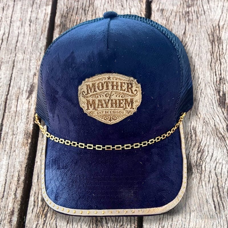 On A Whim Hats Mother of Mayhem Handmade Vegan Suede Trucker Hat w/ Cowhide Patch