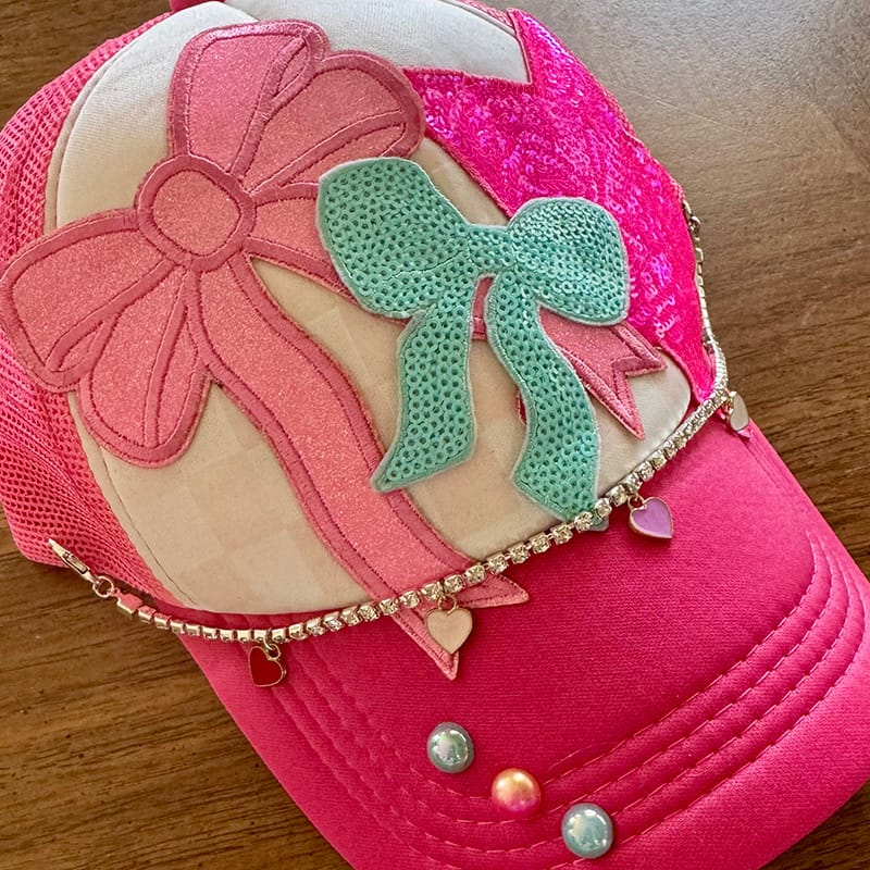 On A Whim Hats Oh My Bow Handmade Trucker Hat with Hat Chain