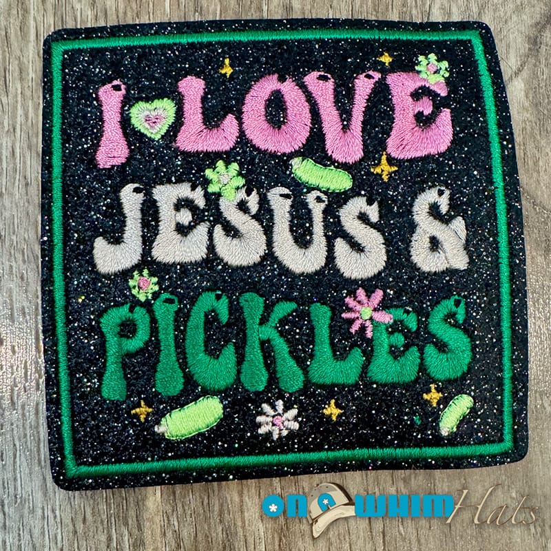 On A Whim Hats Pickles and Jesus Embroidered Iron-On Patch