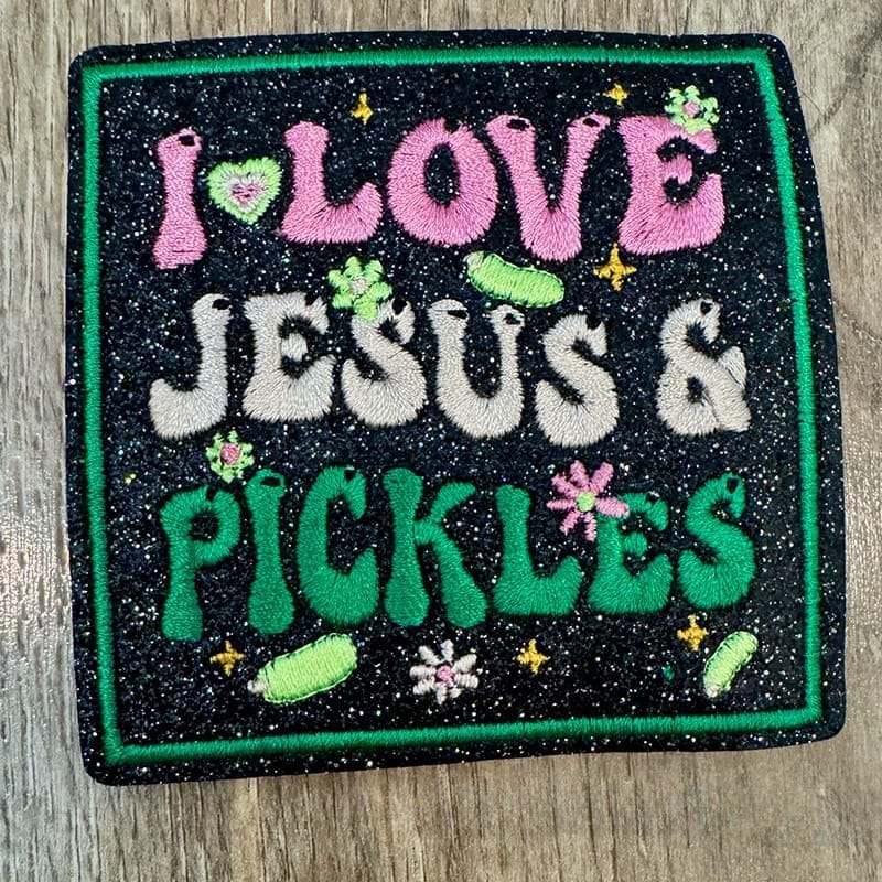 On A Whim Hats Pickles and Jesus Embroidered Iron-On Patch