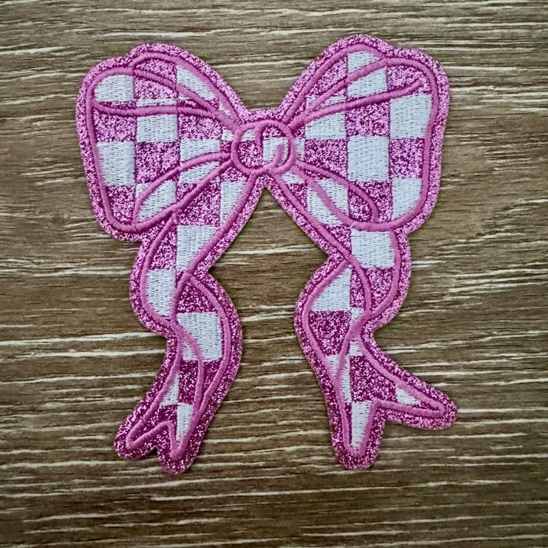 On A Whim Hats Pink Checkered Bow Iron-On Patch