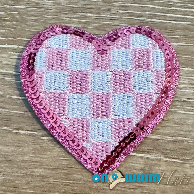 On A Whim Hats Pink Checkered Heart Iron-On Patch