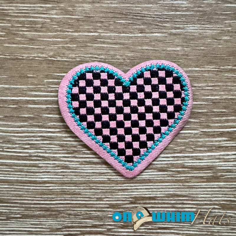 On A Whim Hats Pink Checkered Heart Iron-On Patch