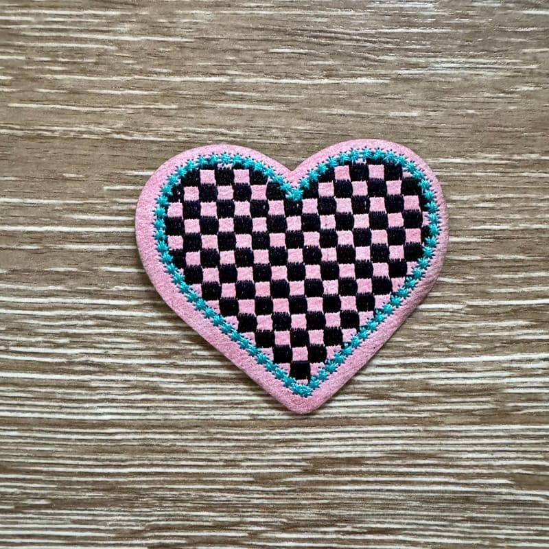 On A Whim Hats Pink Checkered Heart Iron-On Patch