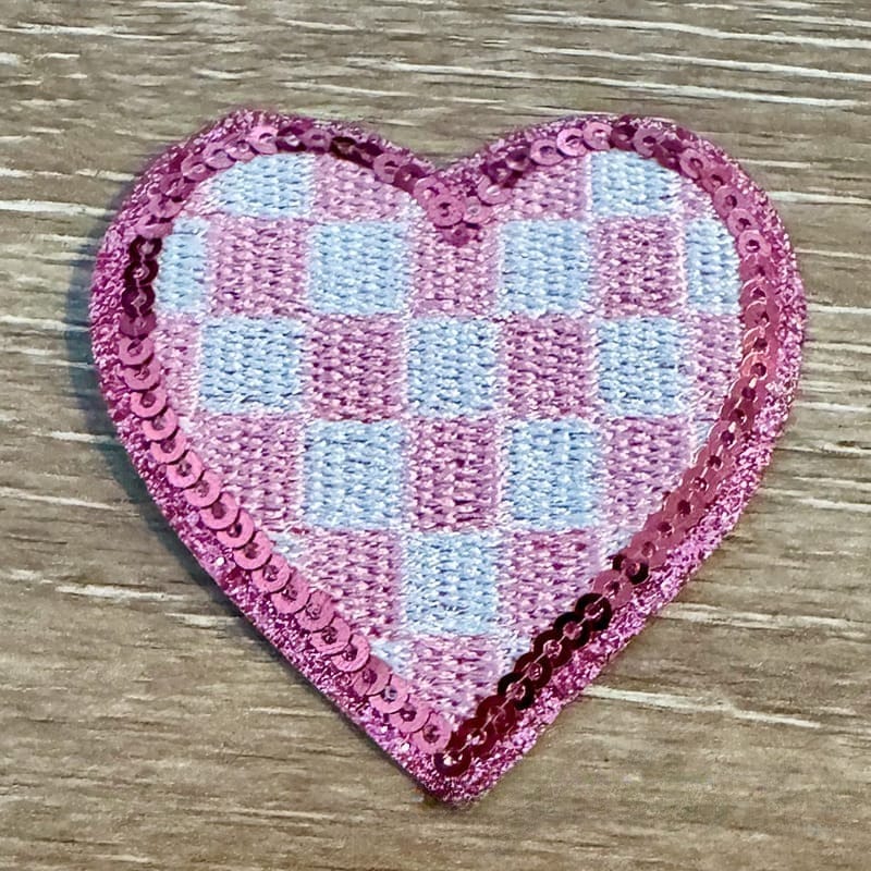 On A Whim Hats Pink Checkered Heart Iron-On Patch